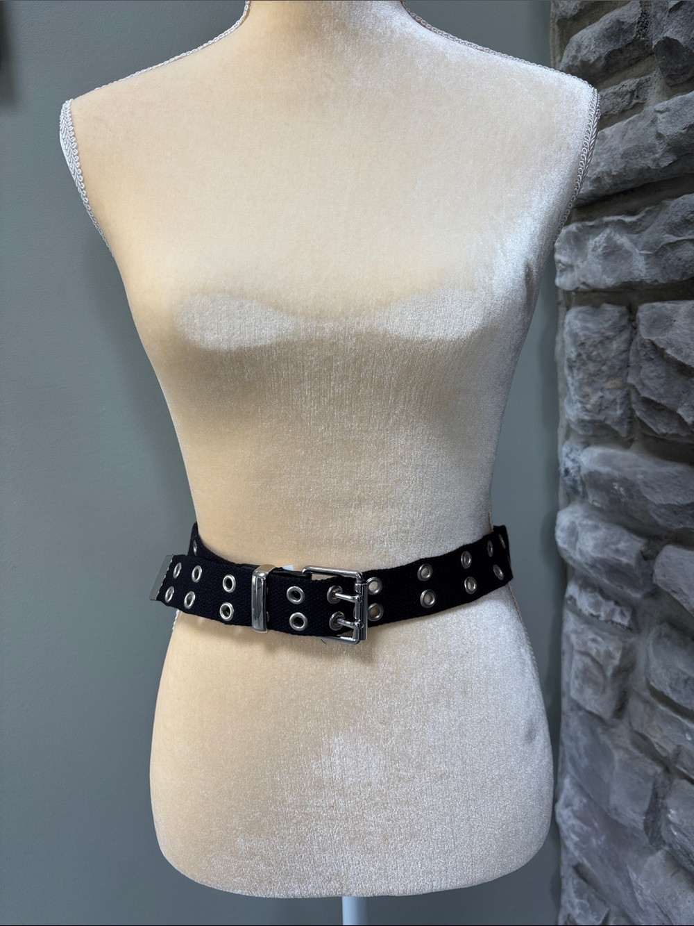 Black Grommet Belt with Double-Prong Buckle - Women Accessories, S